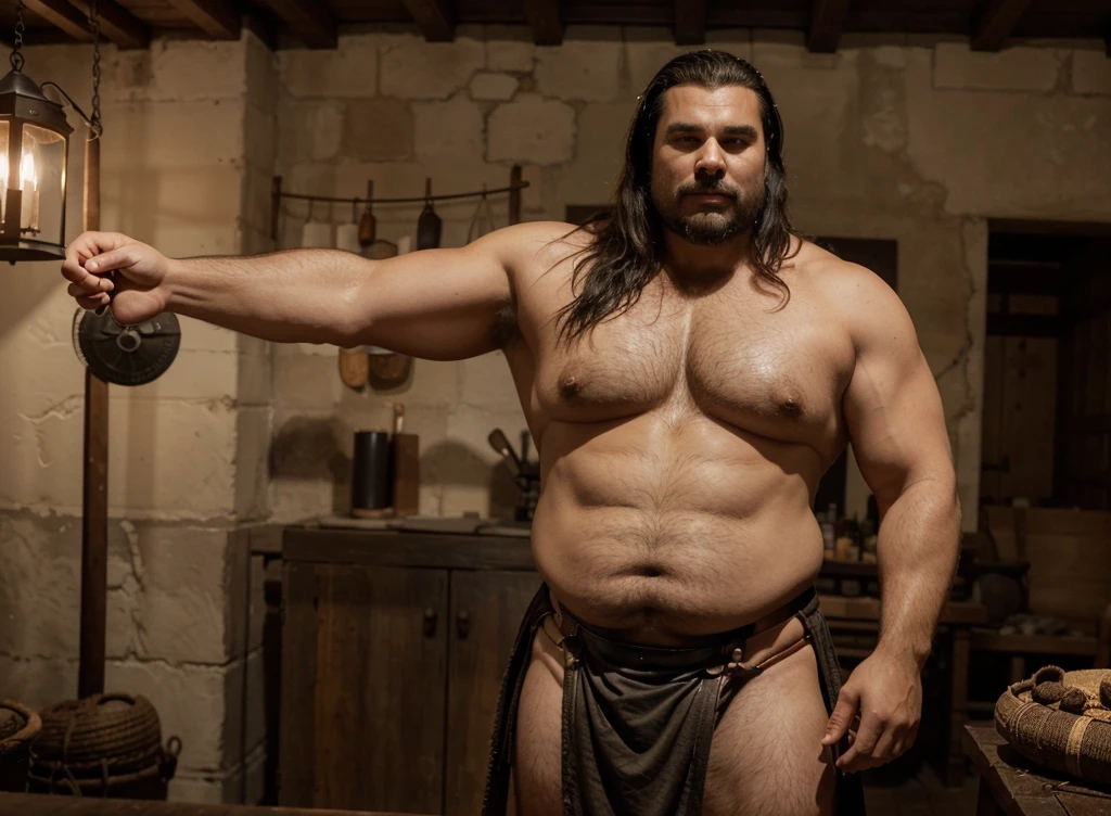 virado para o lado esuerdo ,Body type: Very large and robust, with significant amounts of body fat. Shape: The body has a rounded and full shape, with pronounced curves and a prominent belly. The chest is large and slightly saggy, consistent with the overall body size. Skin tone: Warm, medium olive complexion. Face: Shape: Round and full with soft lines. Eyebrows: Thick, dark eyebrows that contrast with the skin tone. Mustache: Prominent, well-groomed Mexican-style mustache that adds personality to your face. Expression: Cheerful and approachable, with a wide smile that conveys warmth and friendliness. Hair: Style: Short, black hair with a noticeable fringe that falls over the forehead. Texture: Thick and slightly wavy, contributing to the overall robust appearance. Body Hair: Visible body hair, particularly on the chest and possibly the abdomen and arms, contributing to a more natural, unrefined appearance. Clothing and accessories: Main: Shirtless: Highlighting his big, full chest. Shoulder Armor: One shoulder is covered in animal fur, reminiscent of styles seen in Game of Thrones. The fur is thick, coarse, and slightly matted, with visible leather straps holding it in place. Bottom: Gladiator Skirt: High waist, made of thick, dark leather. Design: The skirt has a sturdy and practical look, with straps and buckles, perfectly fitting the wide waist and muscular legs. Accents: Possibly adorned with small details or metal studs, adding to the warrior aesthetic. Bottom: Context: Environment: A dark, medieval-inspired environment with elements like stone walls, dim torches, or a misty forest setting. Atmosphere: Gritty and intense, with a sense of mysticism and ancient warfare...harsh man in a leather outfit holding a knife and knife, wearing loincloth, loincloth, Peter Griffin body type, an OBESE, Strong and fat body bacchanalia, shirtless male technoviking, photo of an adult male warrior, loincloth, OBESE, Fat belly, male barbarian, skimpy leather armor, OBESE )