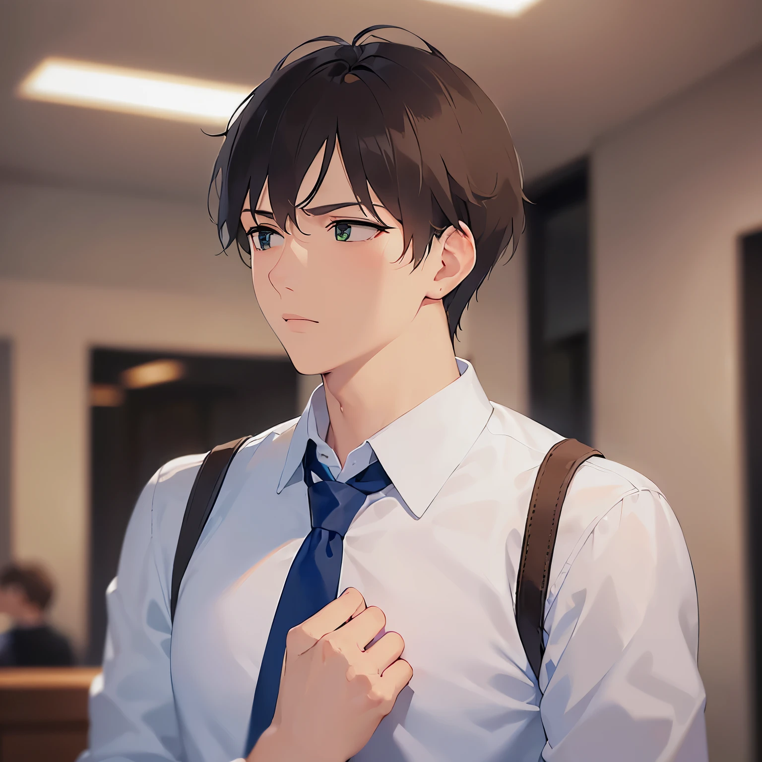thinking,hand on own chin,(looking away:1.5),
upper body、 masterpiece、Highest quality、 BREAK (25-year-old male:1.5) and (Mahogany brown short hair) and (Green Eyes) BREAK (white collared shirt) and (Blue tie)、
Are standing、serious, The background is the office lobby.、(alone:1.5)