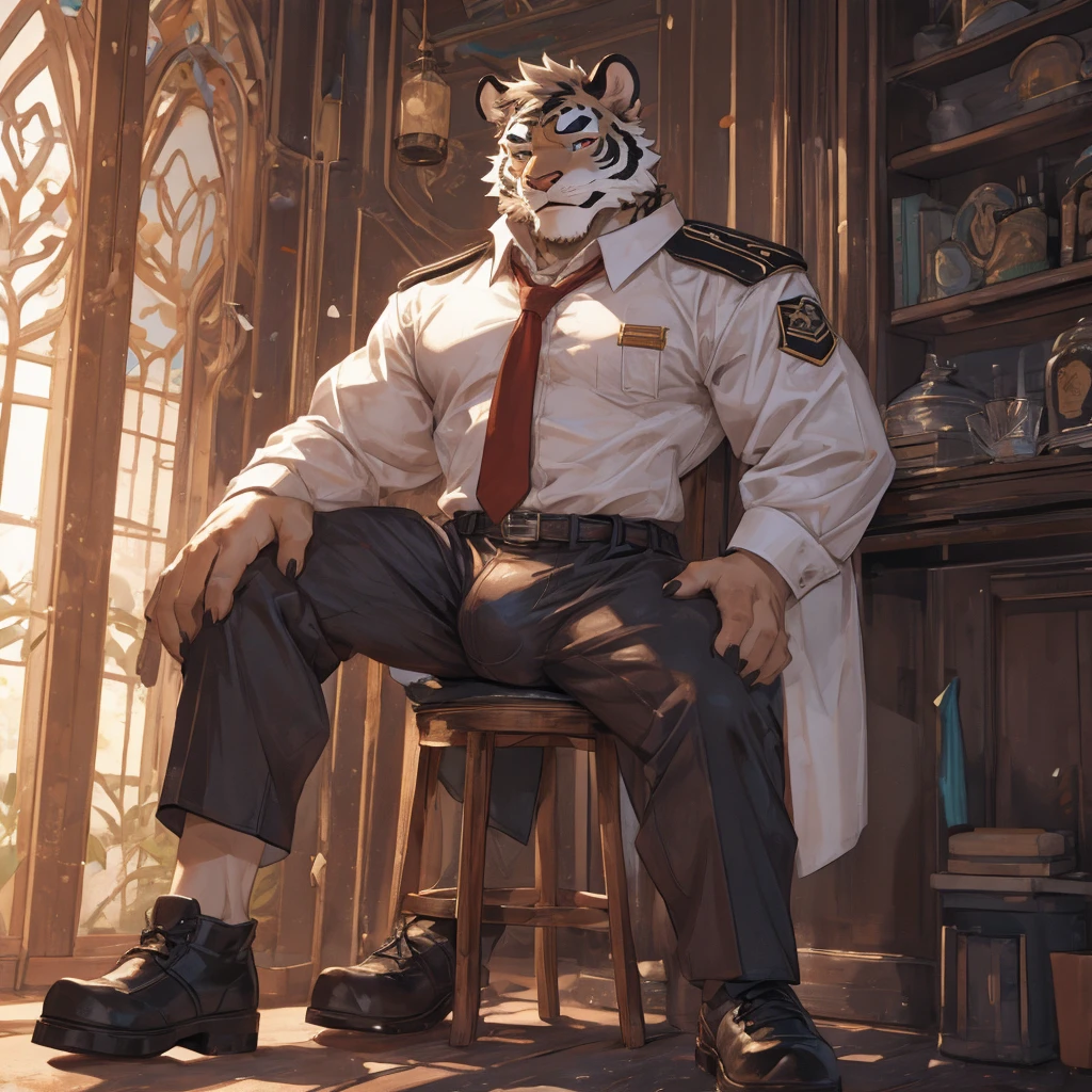 {{bara extremely handsome white tiger,}} {{white fur,}} white, wearing military like purple trench coat, purple trousers, white dress shirt and necktie, white fluffy furry body and limbs, loafers, very tall, very broad shoulders, narrow waist, muscular arms, massive pecs, purple eyes, very long legs, sitting on swivel chair with legs spread, massive bulge, reading file, sophisticated hot look, full body, sunlight casting over, 3/4 view, best quality, high quality, silver earring on left ear, sultry smirk