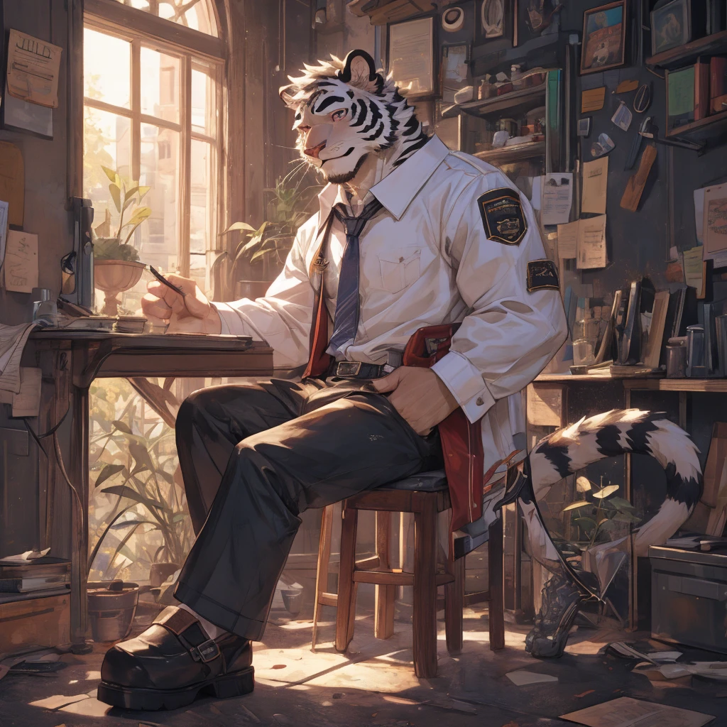 {{bara extremely handsome white tiger,}} {{white fur,}} white, wearing military like purple trench coat, purple trousers, white dress shirt and necktie, white fluffy furry body and limbs, loafers, very tall, very broad shoulders, narrow waist, muscular arms, massive pecs, purple eyes, very long legs,  sitting on swivel chair with legs spread, massive bulge, reading file, sophisticated hot look, full body, sunlight casting over, 3/4 view, best quality, high quality, silver earring on left ear, sultry smirk