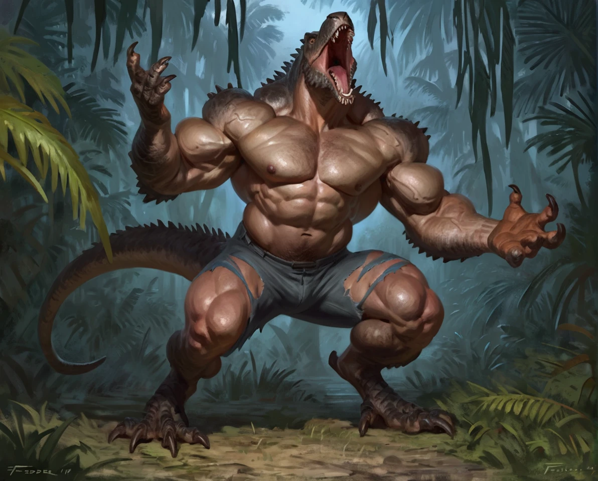 male tyranosaurus mid transformation, solo, masterpiece, hyper muscle, muscular arms, veiny arms, best art, digitigrade, by taran fiddler, torn pants, torn shirt, detailed hands, detailed eyes, detailed torso, jungle, howling expression, transformation, human face, night, howling up, muscular, abs, nipples, bird feet