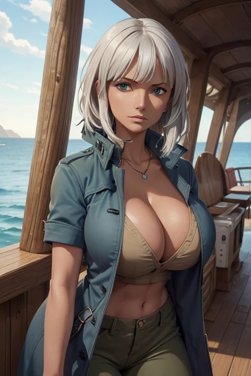 (masterpiece), best quality, expressive eyes, perfect face, front lighting, (outside at sea onboard a pirate ship background), (standing), (seductive look), (cleavage view), (1girl, Nico Robin, milf, latina, dark skin, white hair, white hair, white hair, short white hair with bangs, straight flat hairstyle, brown eyes, hourglass figure, thick body, curvy body, large breasts, huge breasts, oppai, large cleavage, wide hips, thick thighs), (beige long trench coat with grey-blue_shirt underneath, short sleeve, croptop, exposed cleavage, BREAK, green pants, necklace),