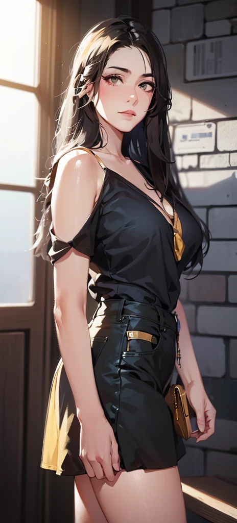 (( straight face picture )) ((best quality)), ((Masterpiece)), (details), Young woman , long hair, gold color , Moth Ear , yellow open shoulder shirt , short skirt ,jeans skirt