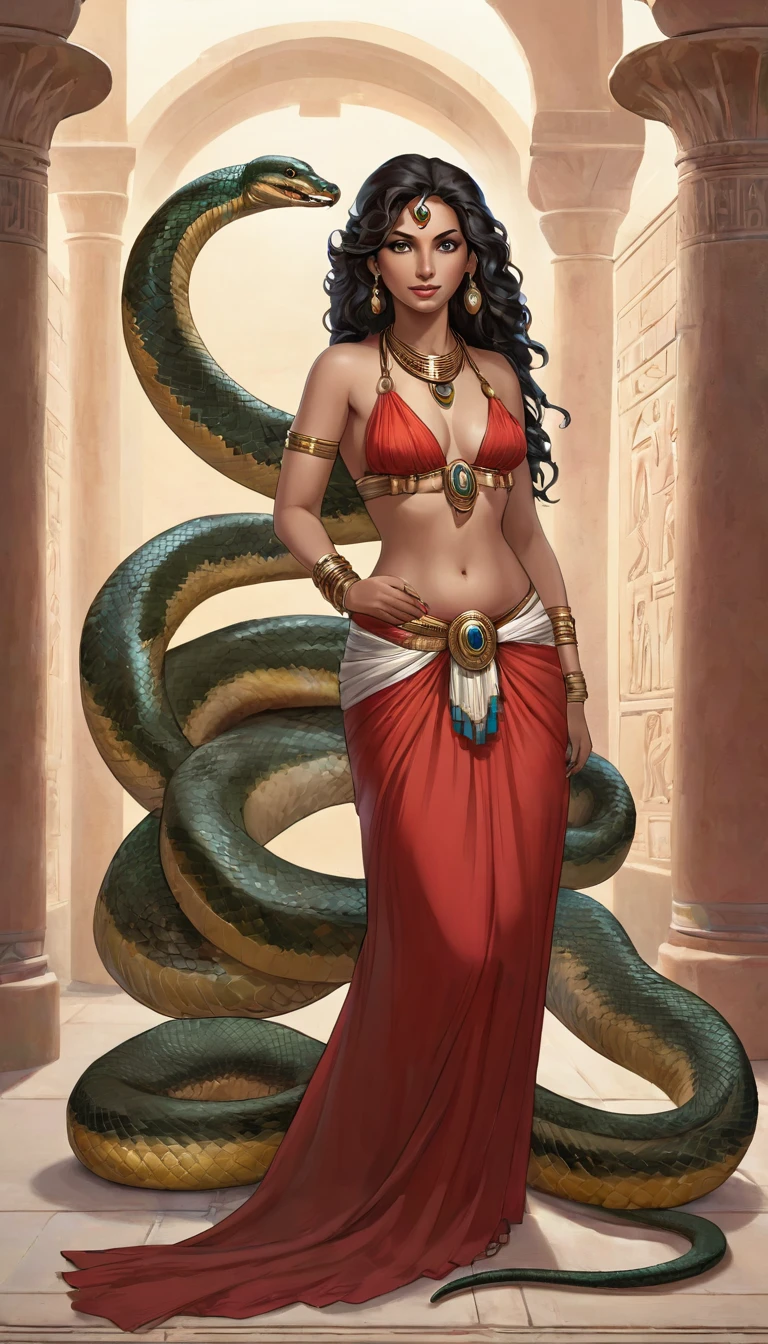 Femme de 30 ans,  égyptienne, corps généreux , a l'Égypte antique, avec une très forte poitrine, a la peau de serpent, dans un temple égyptien, porte une robe rouge et maron couleur sable, moule le corps, vêtements transparent, femme avec de long cheveux raide noirs orné de nombreux bijoux,  la femme est très enceinte de serpent, sa poitrine est gonflé de lait, la femme a des crochets de serpent visible lorsqu'elle sourit, la femme a des yeux doré a pupilles reptilienne, la femme et une femme serpent