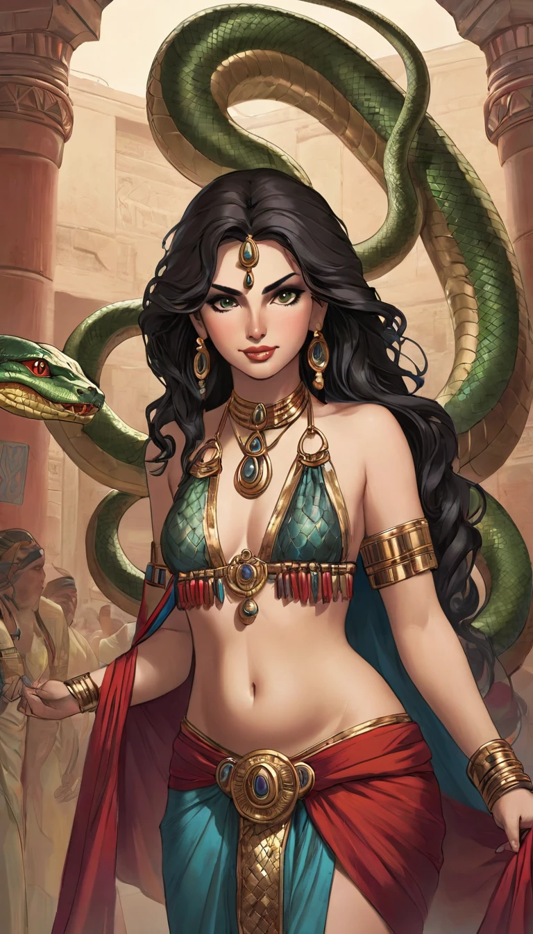 Femme de 30 ans,  égyptienne, corps généreux , a l'Égypte antique, avec une très forte poitrine, a la peau de serpent, dans un temple égyptien, porte une robe rouge et maron couleur sable, moule le corps, vêtements transparent, femme avec de long cheveux raide noirs orné de nombreux bijoux,  la femme est très enceinte de serpent, sa poitrine est gonflé de lait, la femme a des crochets de serpent visible lorsqu'elle sourit, la femme a des yeux doré a pupilles reptilienne, la femme et une femme serpent
