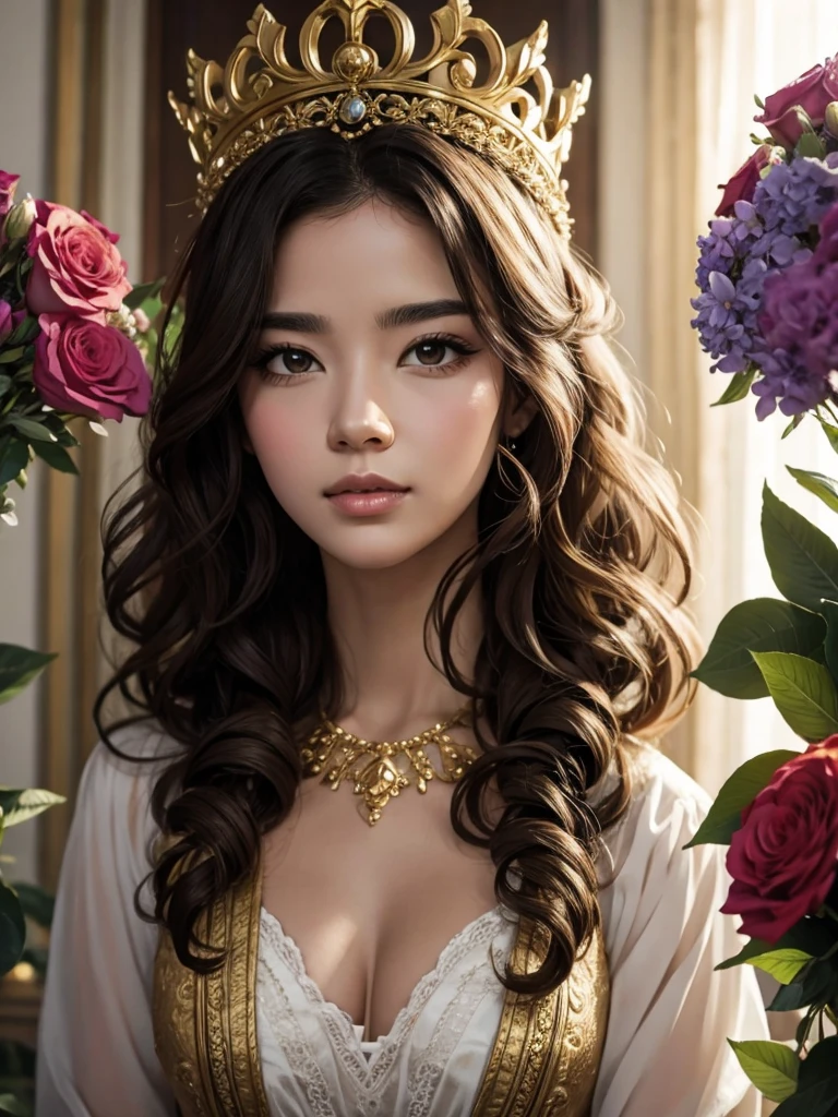character with curly hair, golden crown on your head and flowers around