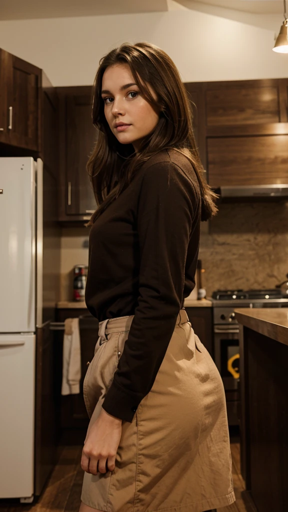 A woman with brown hair standing tall