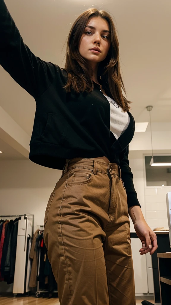 A woman with brown hair standing tall 