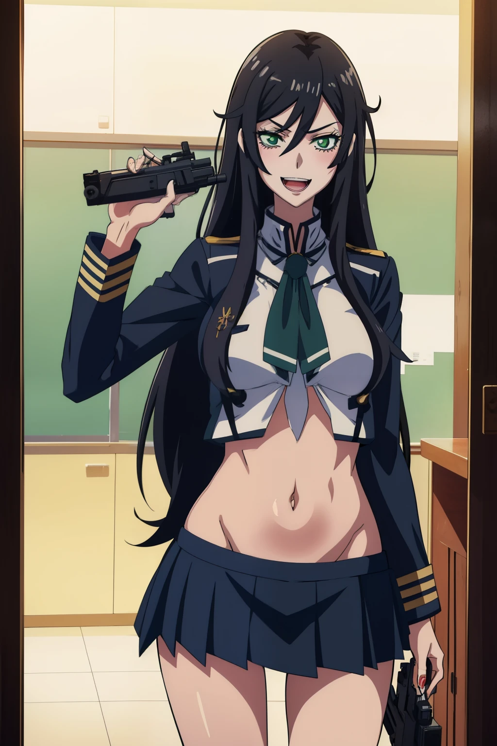 1girl, solo, green eyes, black hair, long hair, valkyrie, blush, lipstick,,fur trim, mature female, masterpiece, best quality, highly detailed, a anime girls in sailor uniforms with a gun posing for a picture,
evil smile, smile, open mouth,black_serafuku, ecchi anime style, anime girls , (nsfw) not safe for work,
ecchi style, ecchi, shipgirls, digital anime art!!, high school girls, holding a gun, hold a gun, anime style 4
k, micro skirt, exposed belly, exposed navel, exposed midriff,
exposed lower belly,school, classroom, 