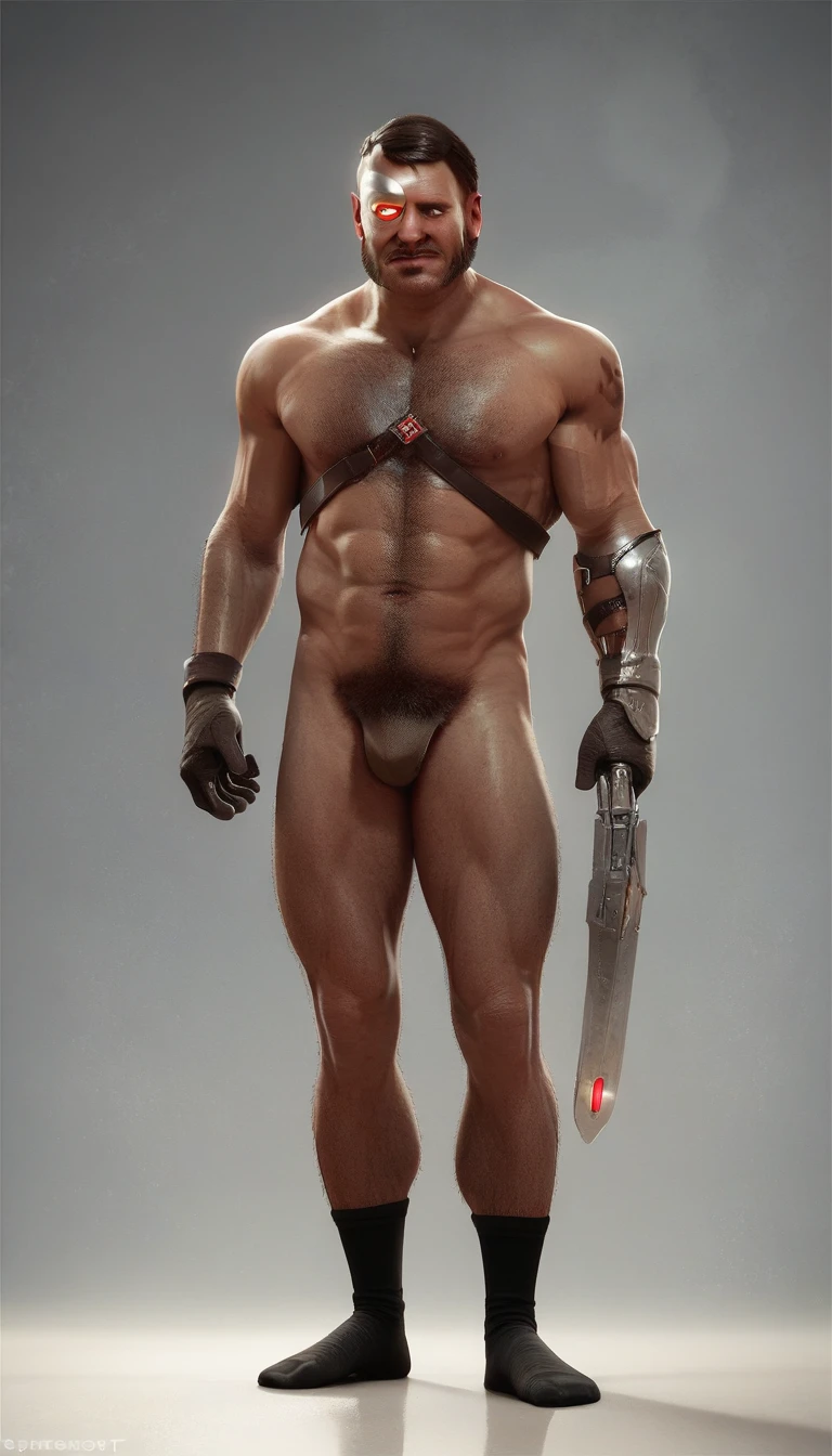 score_9, score_8_up, score_7_up, solo, male focus, mature male,  mkkan0, cybernetic eye, mutton chops, h4rness,  charming, full body shot, fully naked only wearing black socks, hairy chewt