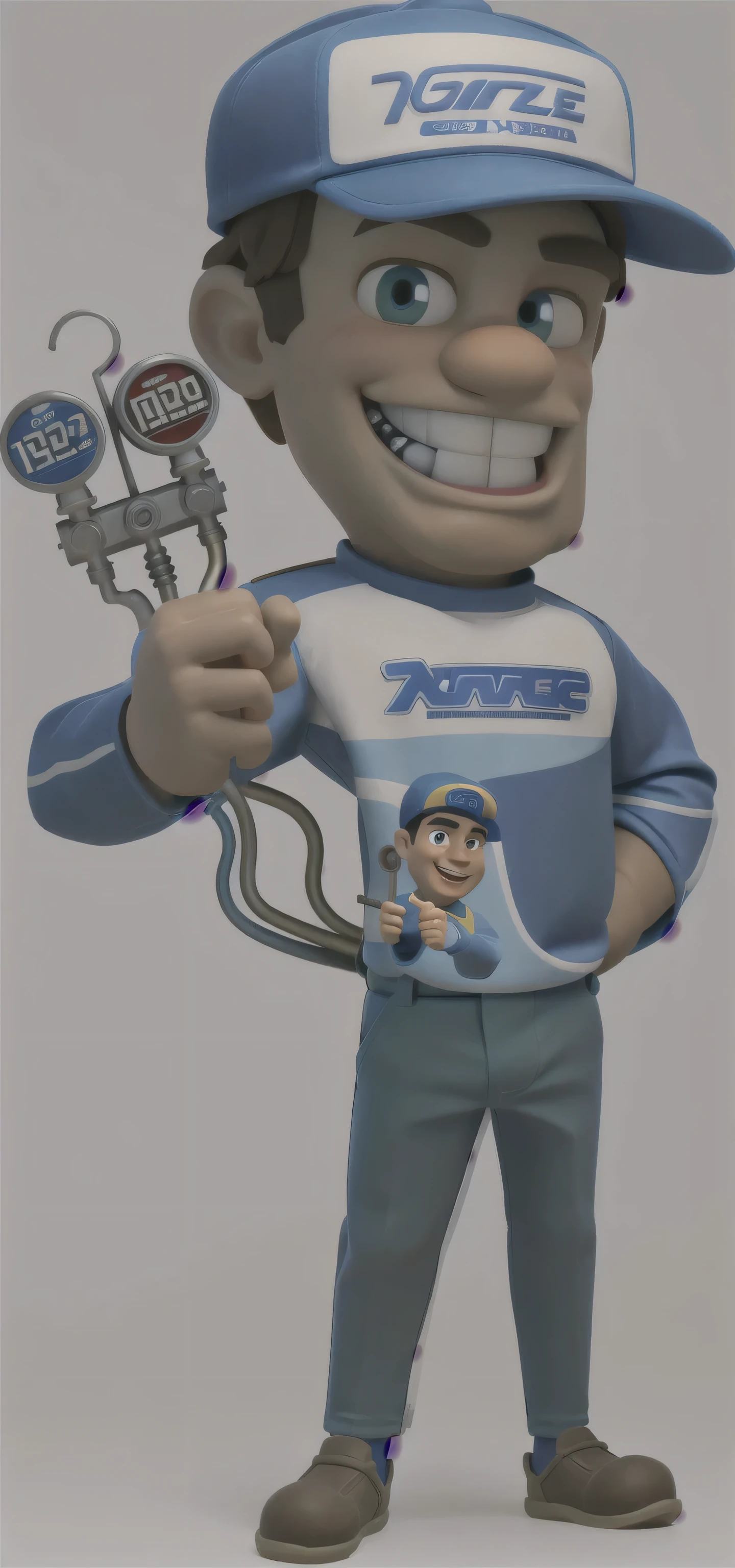 3d, Masterpiece artwork, disney pixar style man holding a pressure gauge, wearing cap, great smile, glad, long sleeve shirt, mascote de corpo inteiro, official character illustration, wearing plumber uniform, Mascot Illustration, detailed illustration, caricature, promotional rendering, bright coloured, rgb