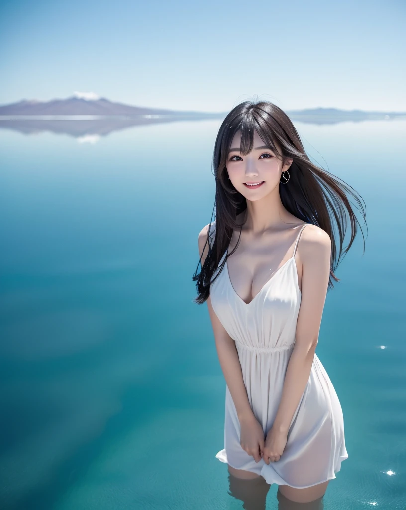 (Highest quality, 32k, High resolution, Masterpiece:1.5), marimo_jet, god々A photograph with brilliant dazzling and healing power., Evoking a sense of calm and elusive beauty, Expressing emotions, Have a rich imagination, Beautiful Japanese Girls, An exceptionally beautiful face, Small Face Beauty, , Perfect Human Anatomy, Magical big eyes, Motherhood and generosity, Deep Love, fleeting smile, Shiny black hair, Super long hair swaying in the wind, Asymmetrical bangs, Hair between the eyes, Transparent, soft white skin, Sharp eyebrows, Thin lashes, ((Natural Makeup:1.3)), Red dress, High resolutionの完璧な鎖骨, High resolutionの美しい胸元, Slim figure with ample breasts, High resolutionの美しい太もも, ((Distant Horizon:1.5)), ((Salar de Uyuni stretches to the horizon:1.3)), ((The water surface reflects the sky like a mirror:1.5)), Beautiful detailed blue sky, Professional photographer, Professional Lighting, Professional models, god秘的