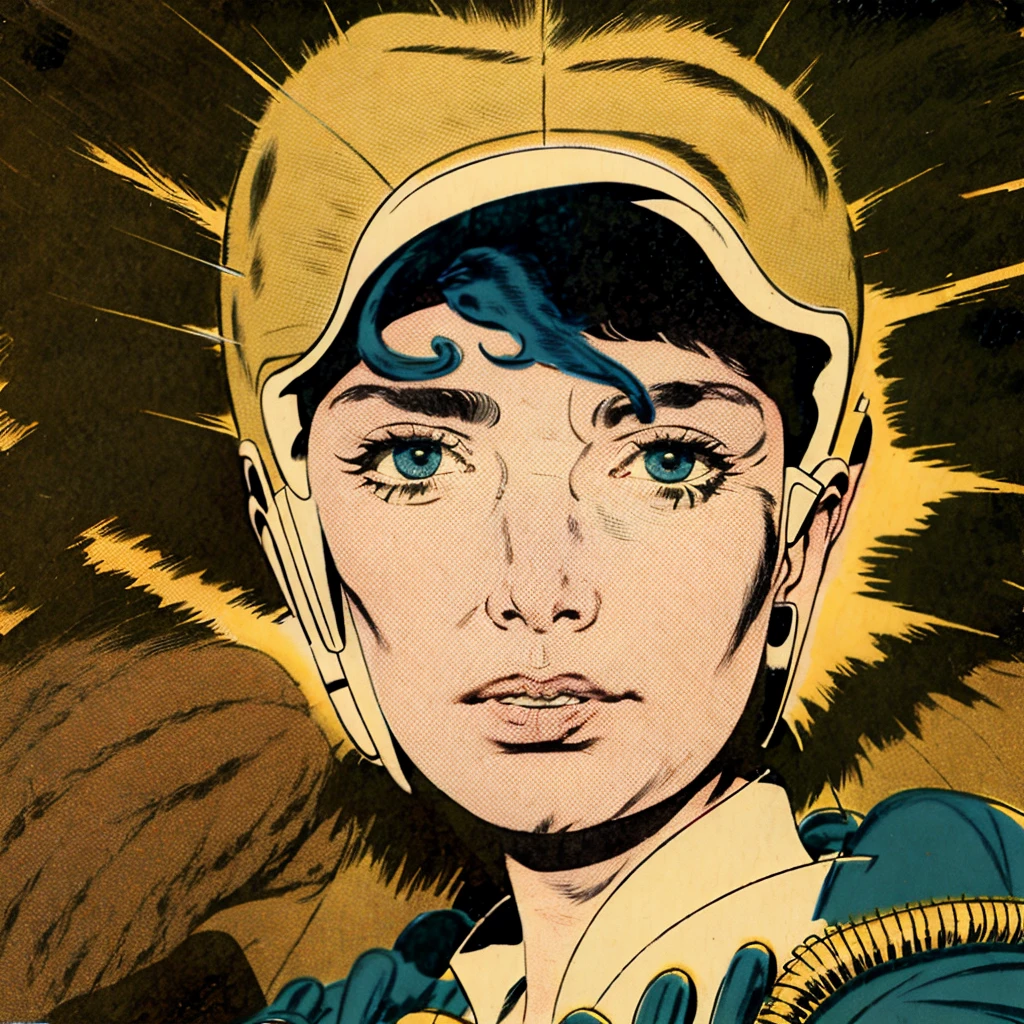 Masterpiece, best quality, hi res, 8k, hi res, 8k,  award winning , (sharp focus, intricate, highly detailed) kirbywood, drawing of a person from another world, closeup face,, vintage color comics