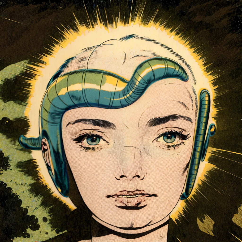 Masterpiece, best quality, hi res, 8k, hi res, 8k,  award winning , (sharp focus, intricate, highly detailed) kirbywood, drawing of a person from another world, closeup face,, vintage color comics