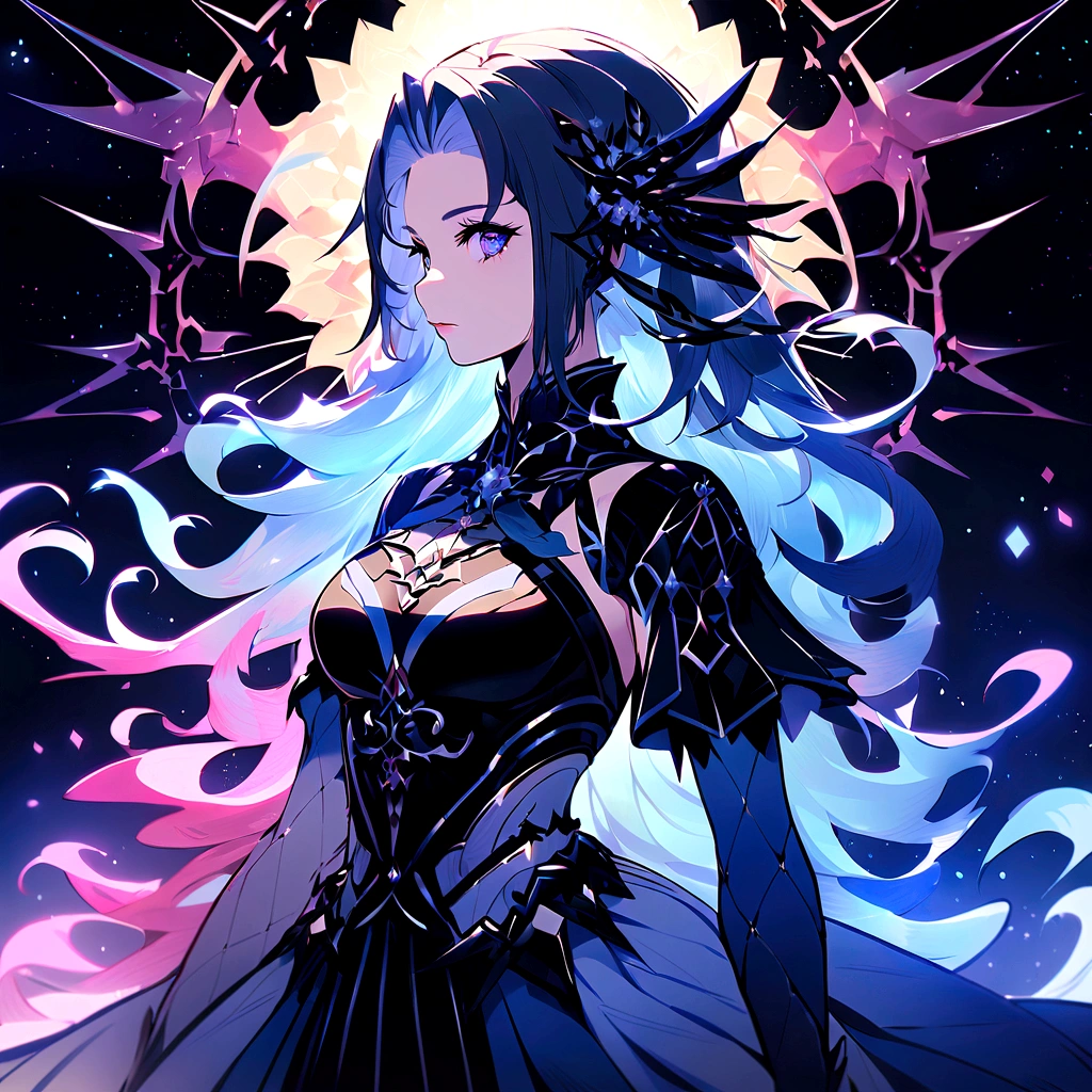 (Masterpiece artwork,maximum quality,best quality,,offcial art,Beauty and Aesthetics:1.2),(1 girl:1.3),(Fractal Art:1.3),the upper part of the body,An elegant dress,seen from side,looking ahead at viewer,(rainbow color hair,The hair color,half blue and half pink hair:1.2),water,liquids,clouds,colorfully,starlit,As estrelas,