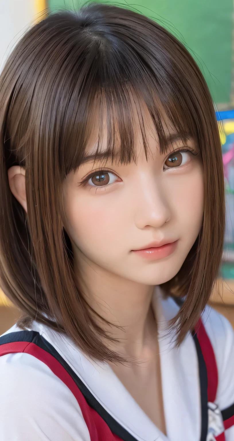 one girl, (a beauty girl, delicate girl:1.3), (:1.3),
BREAK, (School uniform:1.2),
BREAK, (School classroom:1.2),
BREAK, very fine eyes, (symmetrical eyes:1.3),
BREAK, (big breasts:1.1), brown eyes, parted bangs, brown bobcut hair, round face, kawaii,
BREAK, (eyes and faces with detailed:1.0),
BREAK, (masterpiece, best quality, ultra detailed, detailed face, 8K)