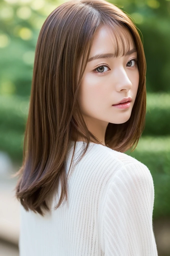 ((masterpiece:1.4, Highest quality)), ((masterpiece, Highest quality)), (Photorealistic:1.4),(Pure white skin), Professional Lighting, Highly detailed eyes and face, Beautiful eyes in every detail, (Beautiful Japanese Girl:1.05), Face Focus, From the back、Medium Hair、Long Bob、1 Girl、Don't look at the camera、((Brown Hair))、The eye color is dark brown、Correct hand of human body、