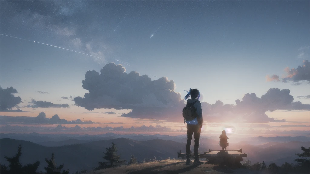 sunset,暗いnight空,Octane, star (null), scenery, Blue parakeet,Acoustic guitar,star, night, One Girl, Back view, alone, Outdoor, forest,Blue parakeet,building, cloud, milky way, Are standing,silhouette
