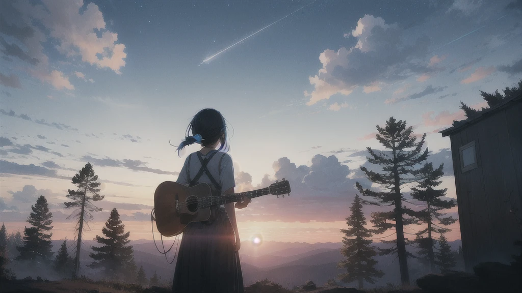 sunset,暗いnight空,Octane, star (null), scenery, Blue parakeet,Acoustic guitar,star, night, One Girl, Back view, alone, Outdoor, forest,Blue parakeet,building, cloud, milky way, Are standing,silhouette