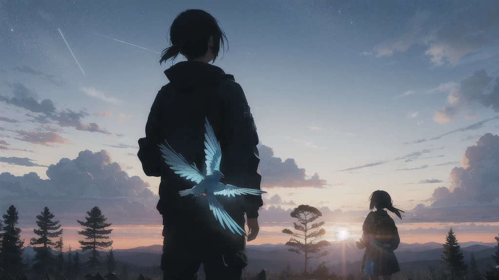 sunset,暗いnight空,Octane, star (null), scenery, Blue parakeet,Acoustic guitar,star, night, One Girl, Back view, alone, Outdoor, forest,Blue parakeet,building, cloud, milky way, Are standing,silhouette