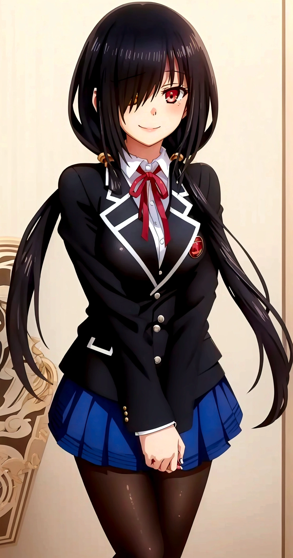 ultra-detailed,highly detailed,best quality,masterpiece,illustration,realistic, photo,photorealistic,
1girl, tokisaki kurumi,cosplay,hair over one eye, looking at viewer, happy girl,low twintails,
, blazer, collared shirt, neck ribbon, pleated skirt, pantyhose, hair rings, loafers,
indoors, walking, stairwell, 
