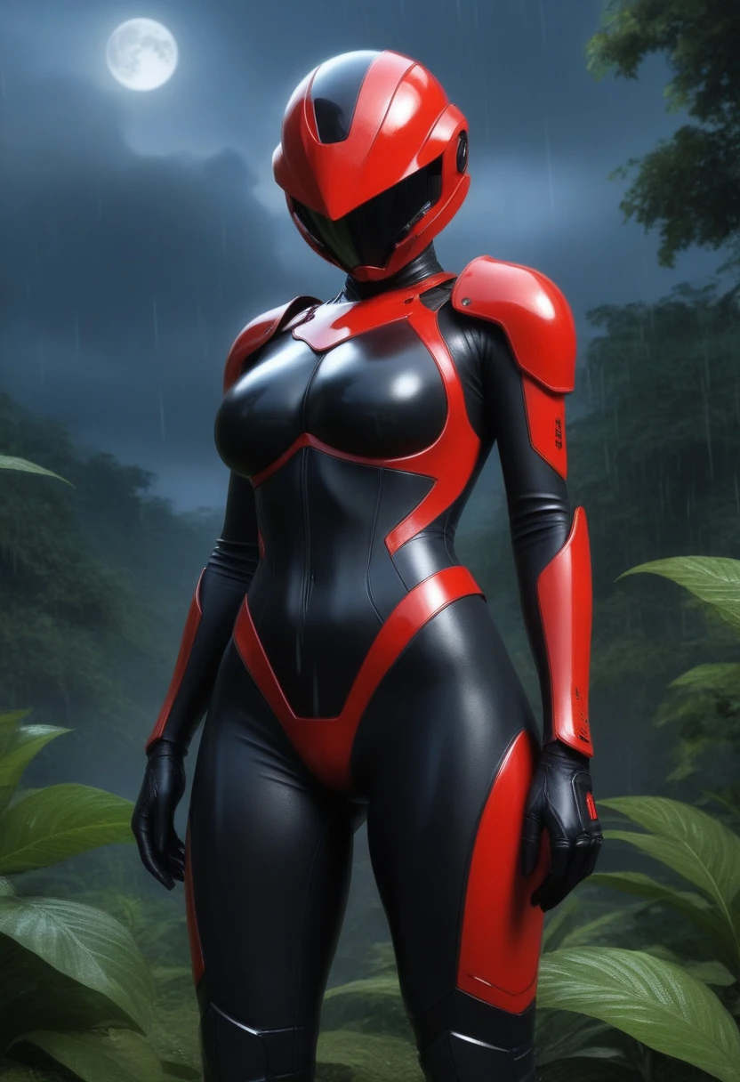 zPDXL, source_anime, BREAK Trilla, helmet with red translucent visor, , armor,black gloves,tight bodysuit,,black pants, BREAK close-up, solo, standing, front view, medium breasts, , wide hips, BREAK x3dce, 3d, jungle background, dense vegetation, rain, night, night sky,