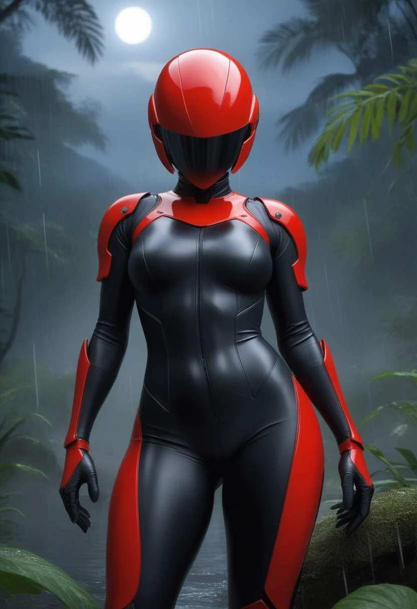 zPDXL, source_anime, BREAK Trilla, helmet with red translucent visor, , armor,black gloves,tight bodysuit,,black pants, BREAK close-up, solo, standing, front view, medium breasts, , wide hips, BREAK x3dce, 3d, jungle background, dense vegetation, rain, night, night sky,