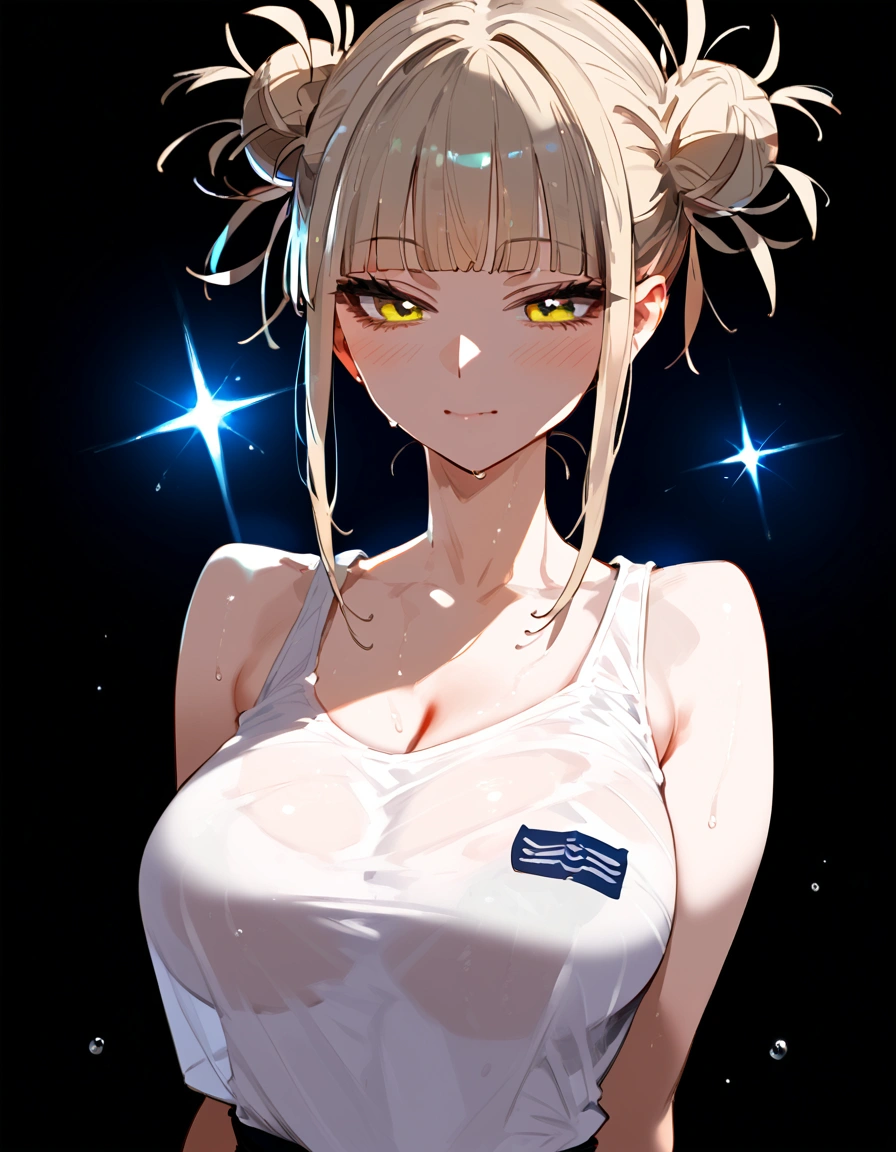 anime artwork, score_9, score_8_up, score_7_up, score_6_up, score_5_up, score_4_up, floox style    //////Himiko toga, big breasts, she is 24 years old, style_3, yellow eyes, black background, wearing only shirt, wet shirt,  tank top, arms under clothes