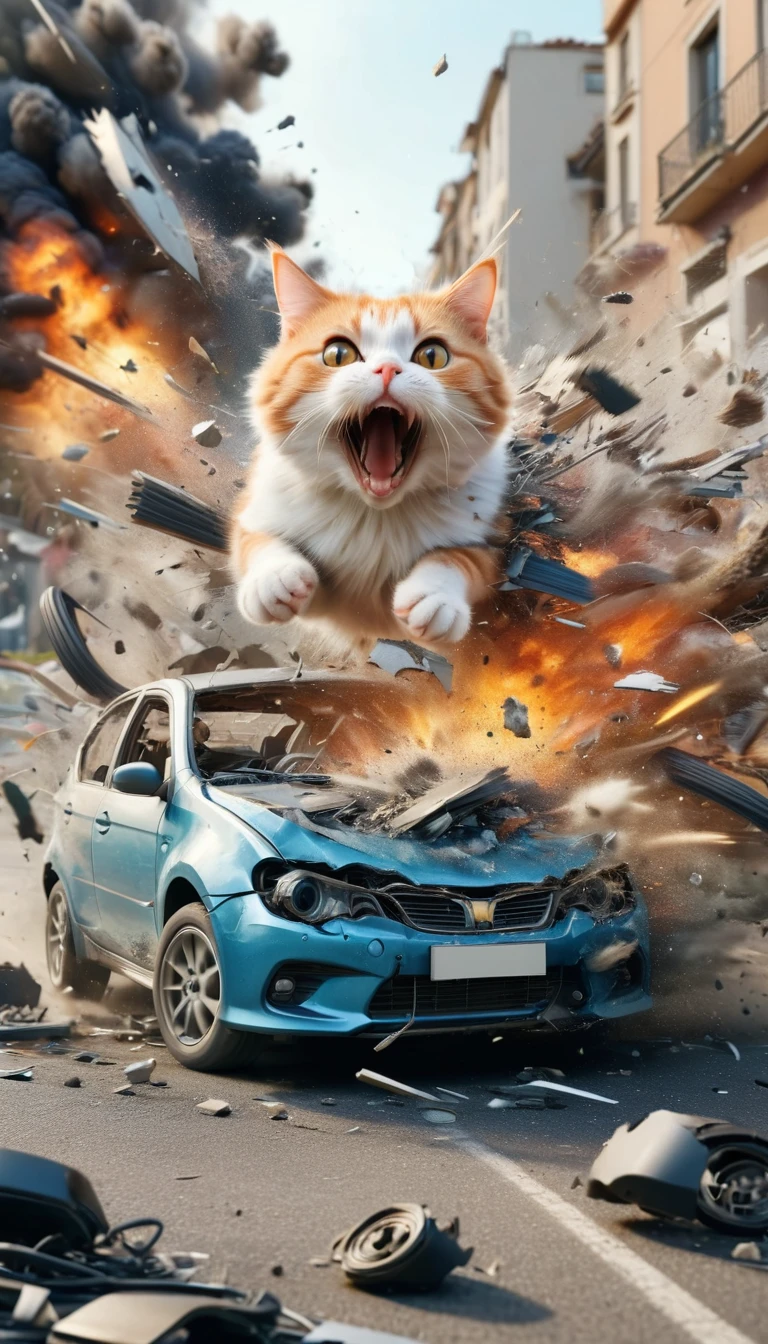 Surprised cat portrait, A car explodes in the background, High-definition RAW color photos, 8K, ral-vlntxplzn,  