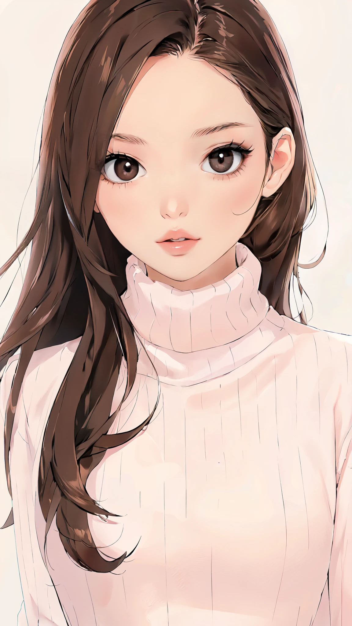 Girl, long brown hair, brown eyes, sharp features, white skin, pink lips, perfect, sweater