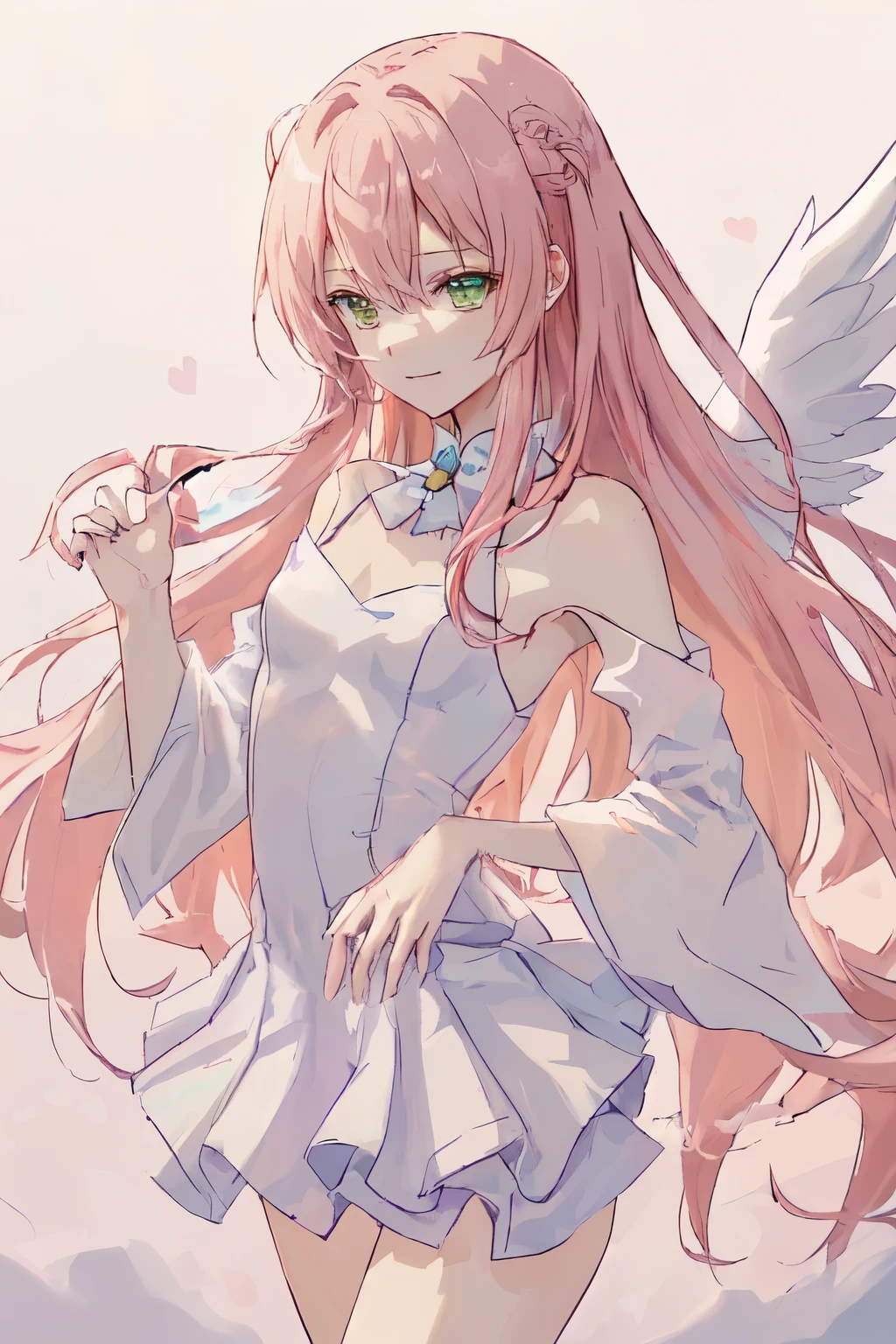 1_girl, (anime, kawai:2), (masterpeice, best_quality, clean:1.5), (sky_background:1.2), (cute, cute_smile, young:1.5), (delicate, extremely_delicate, beautiful, thin:1.5), (girlfriend, angel:1.8), (green_eyes, simple_eyes:1.8) (long_hair, blond_hair, wearing_pink_dress, pink_angel_wings, sexy_gloves:1.5), extremely_delicate, (love_magic:1.5), (age_size_fits_body), (small_thighs:1.3), (breasts), (eye_level:1.3), (heart_magic, love:1.5), (folded_legs:1.5), (combat, seductive_combat:1.5)