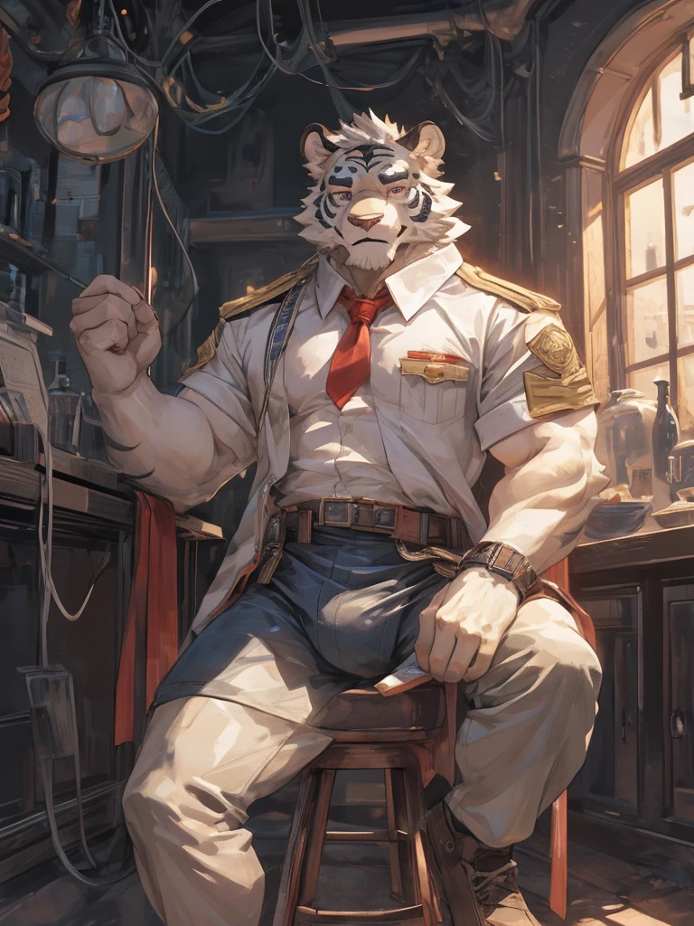 {{bara extremely handsome white tiger,}} {{white fur,}} white, wearing military like purple trench coat, purple trousers, white dress shirt and necktie, white fluffy furry body and limbs, loafers, very tall, very broad shoulders, narrow waist, muscular arms, massive pecs, purple eyes, very long legs, sitting on swivel chair with legs spread, massive bulge, reading file, sophisticated hot look, full body, sunlight casting over, 3/4 view, best quality, high quality, silver earring on left ear, sultry smirk