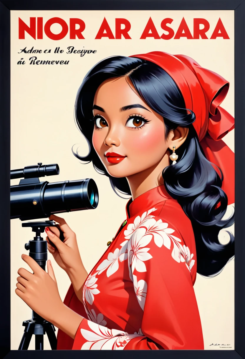 a closeup of a poster with a telescope, Direction: Antoine Ignace Melling, vintage poster, Direction: André Beauneveu, French film poster from the 60s,A vintage movie poster of the film featuring red and white colors, retro style with a black border around all edges. There is an young beautiful Malay lady wearing a traditional 'baju kurung', sitting in a chair in the front holding a flower. In the background there should be other people group photo, some standing, and one person talking to the camera. The title NOOR ASMARA' is written across the top left corner in cursive script illustrated poster