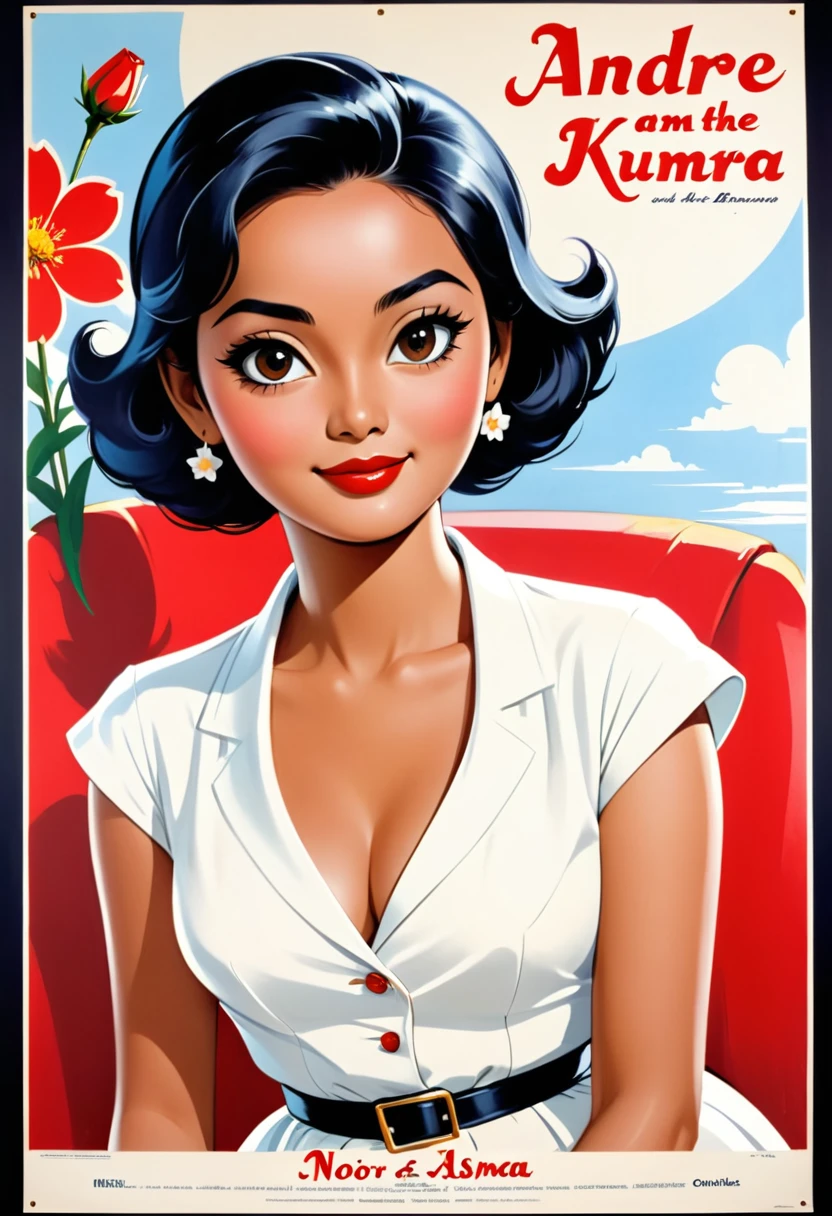 a closeup of a poster with a telescope, Direction: Antoine Ignace Melling, vintage poster, Direction: André Beauneveu, French film poster from the 60s,A vintage movie poster of the film featuring red and white colors, retro style with a black border around all edges. There is an young beautiful Malay lady wearing a traditional 'baju kurung', sitting in a chair in the front holding a flower. In the background there should be other people group photo, some standing, and one person talking to the camera. The title NOOR ASMARA' is written across the top left corner in cursive script illustrated poster