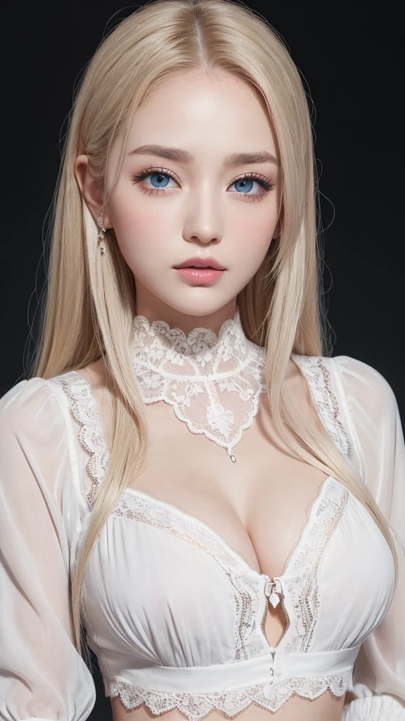 (((Lace blouse、White background、Cowboy Shot、forehead)))、forehead、Northern Europe、Russia、beautiful girl、Platinum Blonde Hair、Straight long hair、Big blue eyes、Northern Europeの若者、Glowing Skin、Young and beautiful skin、A perfect and beautiful little face、Bright makeup、Pale pink lips、Bright expression、lipstick、Golden Hour Lighting、Movie Light、Intricate details、High resolution、 Detailed features of the face design、Big Breasts