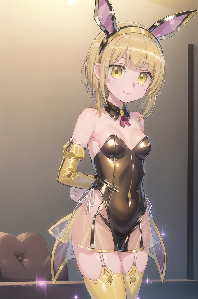 1girl,solo,(standard height),full body,standing,(blonde hair:1.6),short hair, (red hairband:1.2),hair ornament,(one side red butterfly ribbon),(yellow eyes:1.4),(beautiful fingers:1.6),(perfect anatomy:1.4),(arms_behind_back:1.6),(cold_shoulder:1.2),BREAK,(yellow leather lace glossy silk lamé playboy bunny:1.6),(purple pencil mini skirt:1.4),(latex luster shiny glossy metallic:1.6),(shiny_clothes:1.6),medium breasts,beautiful breasts,(masterpiece),best quality,(Ultra high definition eyes:1.2),8k,(Beautiful detailed eyes:1.2),(Fine and beautiful eyes:1.2),(pretty eyes:1.2),finely detail,extremely CG, absurdres,high resolution,illustration,Detailed and beautiful outlines,finely detail,high resolution,(colorful refraction:1.4,Increase saturation:1.2),beautiful lighting,dynamic lighting,closed room,black background,simple background, smile,looking at viewer,mio,gtold gloves,spider web print,sash,obi,(yellow rabbit ears:1.4),(yellow thigh boots:1.4),(white Clear PVC sheets sleeves:1.4),(sheer sleeves:1.4),(see-through sleeves:1.4),(wide sleeves:1.2)