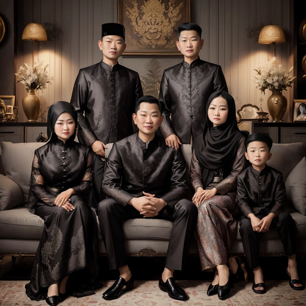 arafed family posing for a picture in a living room, barong family, an indonesian family portrait, family portrait, portrait shot, by Basuki Abdullah, timeless masterpiece, barong family member, classic portrait, happy family, full protrait, home photography portrait, mourning family, potrait, family photo, fine portrait, dramatic portraiture of namenlos