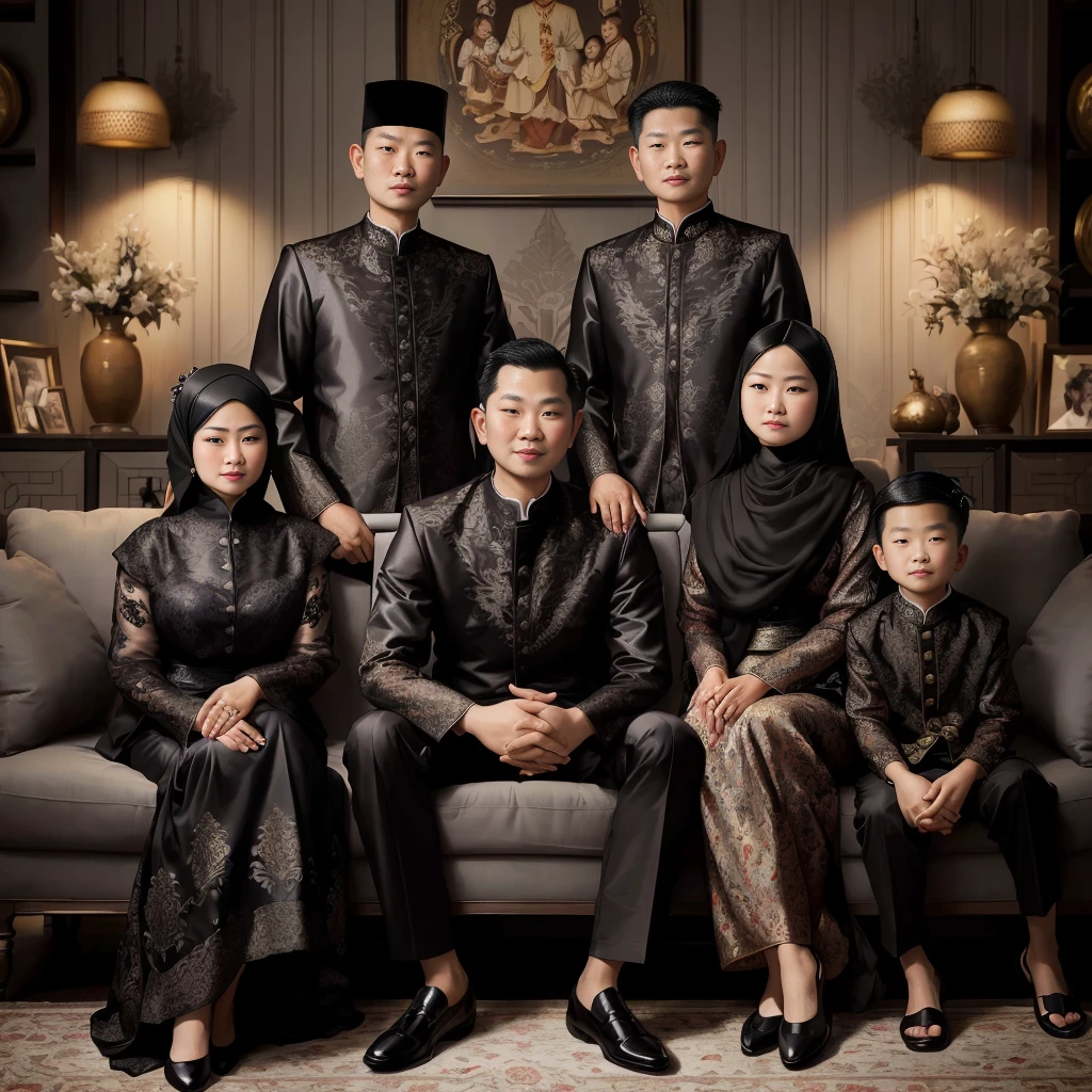arafed family posing for a picture in a living room, barong family, an indonesian family portrait, family portrait, portrait shot, by Basuki Abdullah, timeless masterpiece, barong family member, classic portrait, happy family, full protrait, home photography portrait, mourning family, potrait, family photo, fine portrait, dramatic portraiture of namenlos