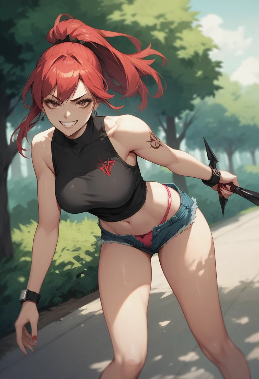 ((High Quality image 10k)) (( perfect autonomy)) Masterpiece, solo girl, brown eyes, red hair, wearing sleeveless black shirt, blue jean shorts, shorts are falling down, cute panties, sexy panties, evil smug grin, Standing, in the park