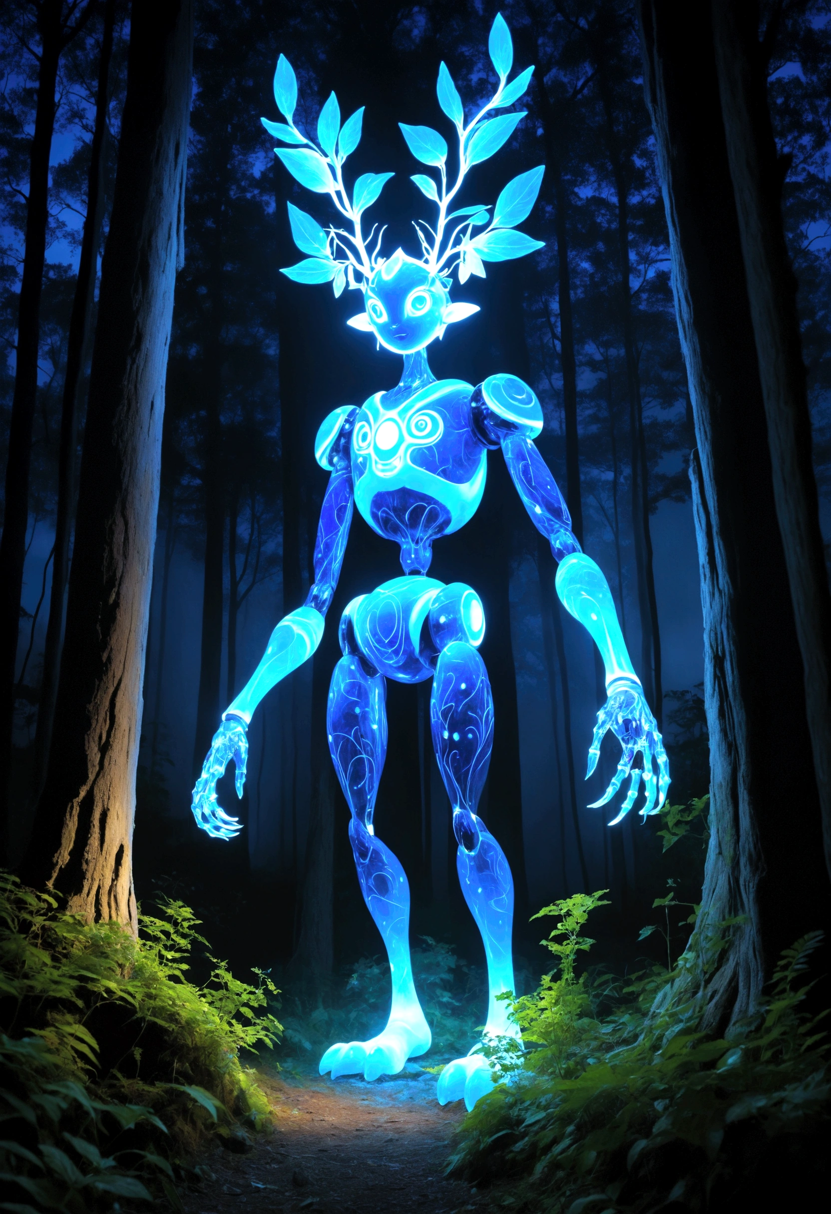 At night, the Forest Spirit transforms into the Night Walker or Daidarabotchi, a towering, translucent, and more abstract figure that glows with a blue light. In this form, the spirit's steps cause the vegetation to grow and wilt, highlighting its role as a giver and taker of life. Glowing floating flowery balls represent the essence of the forest