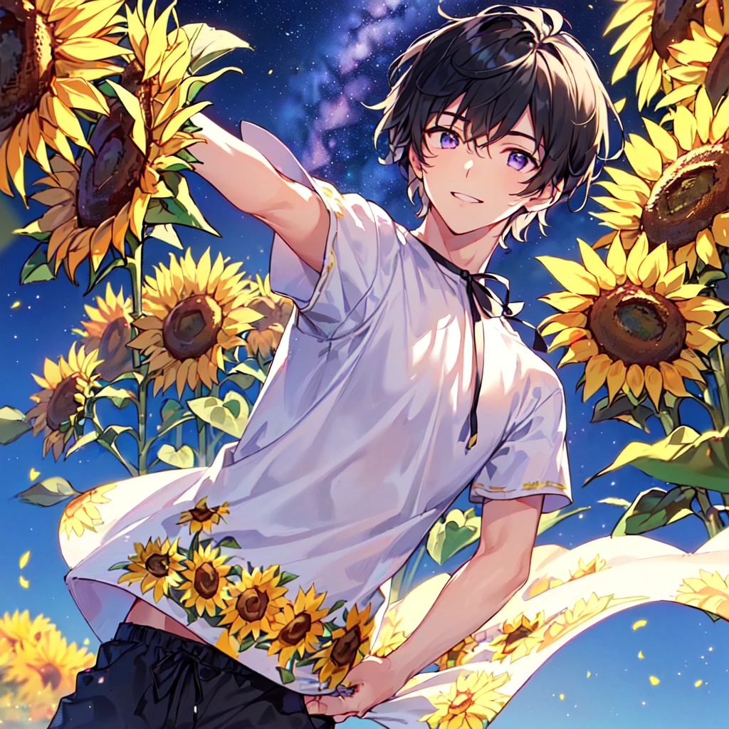 masterpiece,best quality,high quality,(1 male austere handsome solo adult age 30 years old:1.5), purple eyes, cool with suspended eyes, V-shaped eyebrows, body strong and fearless 8.5 head tall, height 185cm, (well-groomed black short hair down to neck:1.4), (bangs 7 thirds parted:1.4), slender nose, facial muscles, throat, (tee shirt with sunflower print summer fashion pants:1.3), (arms outstretched), (stylish pose), (cool smile:1.3), (background sunflower flower field:1.3) , (Milky Way Night Sky: 1.3), (upper body:1.3)