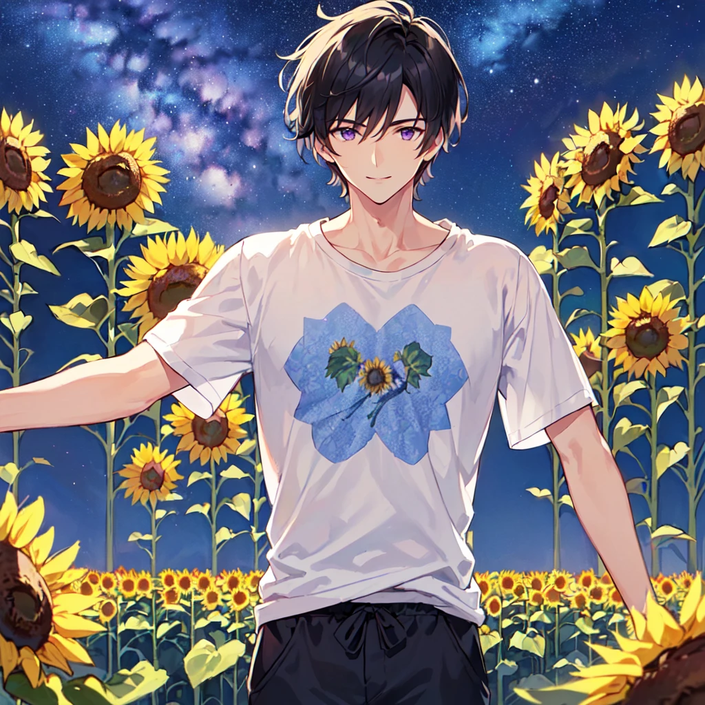 masterpiece,best quality,high quality,(1 male austere handsome solo adult age 30 years old:1.5), purple eyes, cool with suspended eyes, V-shaped eyebrows, body strong and fearless 8.5 head tall, height 185cm, (well-groomed black short hair down to neck:1.4), (bangs 7 thirds parted:1.4), slender nose, facial muscles, throat, (tee shirt with sunflower print summer fashion pants:1.3), (arms outstretched), (stylish pose), (cool smile:1.3), (background sunflower flower field:1.3) , (Milky Way Night Sky: 1.3), (upper body:1.3)