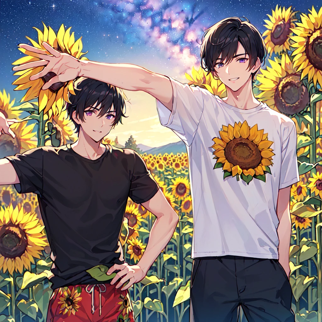 masterpiece,best quality,high quality,(1 male austere handsome solo adult age 30 years old:1.5), purple eyes, cool with suspended eyes, V-shaped eyebrows, body strong and fearless 8.5 head tall, height 185cm, (well-groomed black short hair down to neck:1.4), (bangs 7 thirds parted:1.4), slender nose, facial muscles, throat, (tee shirt with sunflower print summer fashion pants:1.3), (arms outstretched), (stylish pose), (cool smile:1.3), (background sunflower flower field:1.3) , (Milky Way Night Sky: 1.3), (upper body:1.3)