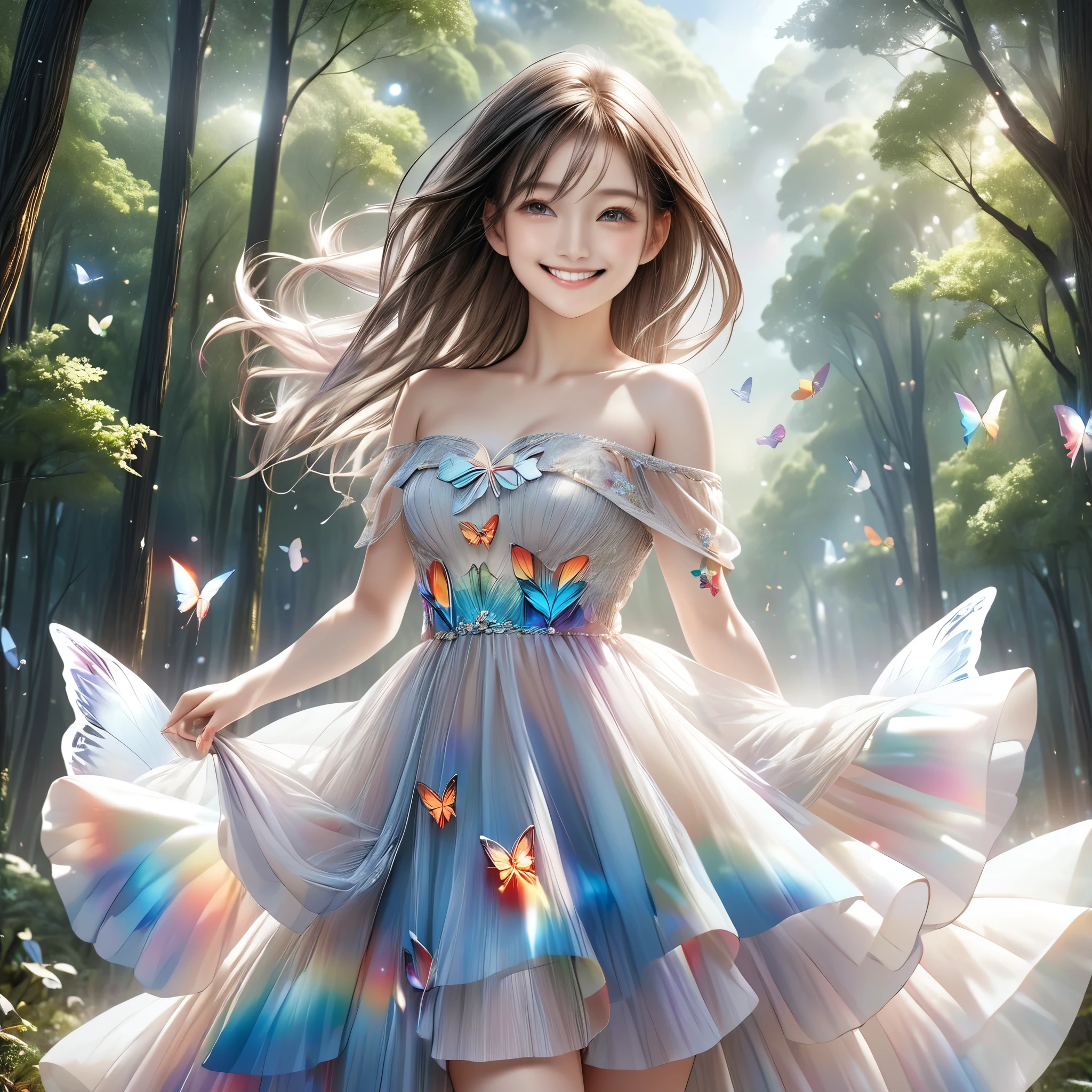 RAW Photos:1.2, masterpiece, Highest quality, 16K, Unbelievably absurd, Very detailed, Perfect beauty, Beautiful cute girl, A perfect smile、A sheer dress fluttering in the wind, Off the shoulder, Strapless, Rainbow gradient, The butterfly tattoo on her arm moves to appeal to the viewers., forest,
