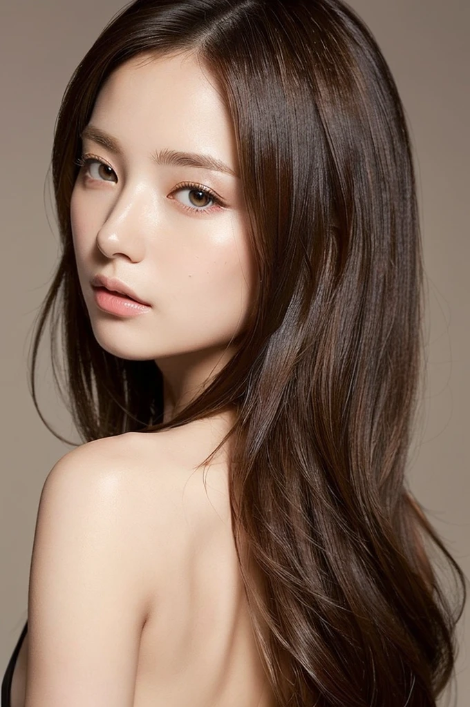 ((masterpiece:1.4, Highest quality)), ((masterpiece, Highest quality)), (Photorealistic:1.4),(Pure white skin), Professional Lighting, Highly detailed eyes and face, Beautiful eyes in every detail, (Beautiful Japanese Girl:1.05), Face Focus, From the back、Medium Hair、Long Bob、1 Girl、Don't look at the camera、((Brown Hair))、The eye color is dark brown、Correct hand of human body、