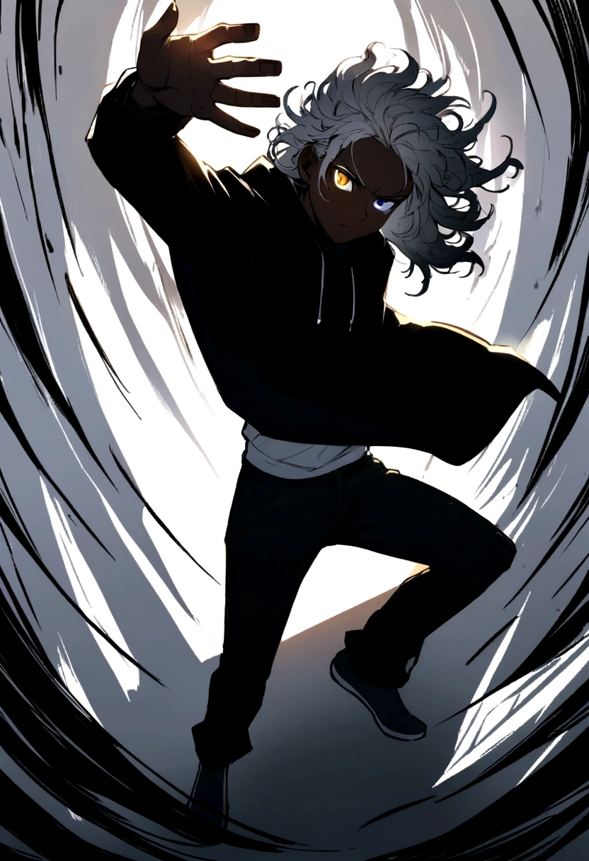 white shirt, wearing a black hoodie , yellow and black eyes heterochromia, Idiot expression, Messy hair , Medium length hair , 1 men , multicolored black and white hair , two tone hair , dark skin color, illustration,gritty texture,detailed back ground,heavy shadows,bright coloured,dynamic lighting,sharp focus,emotionally expressive,action pose,dramatic perspective,conceptual artists,black and white tone,hight contrast,bokeh