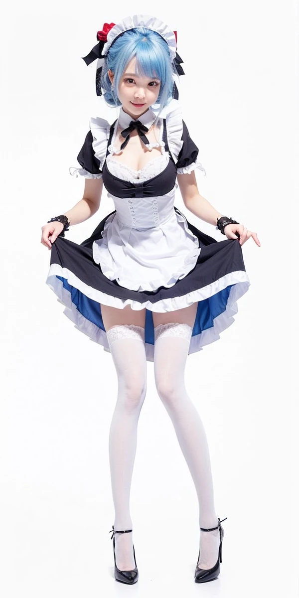 Beautiful Japanese Waifu, early 30s, blue hair,  fantasy maid dress, white stockings 