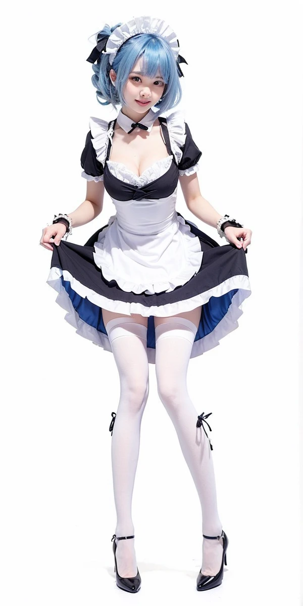 Beautiful Japanese Waifu, early 30s, blue hair, fantasy maid dress, white stockings