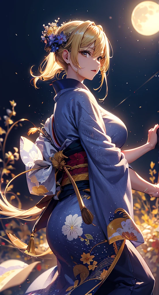 masterpiece, high quality, 4K, Beautiful design, silhouette,blonde, 非常に詳細な夜のStarry Sky,Flower Field, wonderful, Finer details, Very knowledgeable woman, Highly detailed solo, 1 female,Big Breasts,Big Ass,Underwear Line,Yukata in white color,Night view,Starry Sky,full moon,