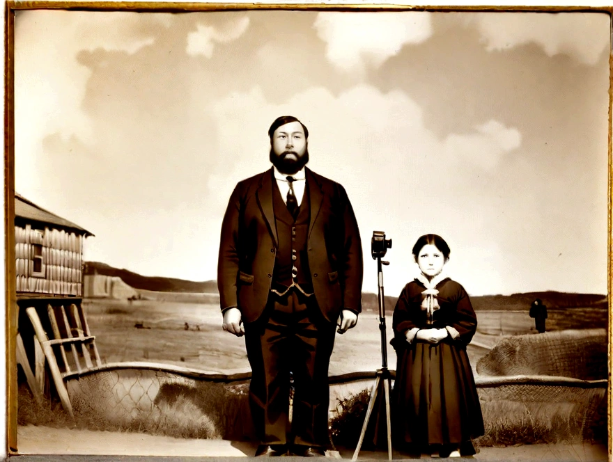 Old souvenir photo: Very large man, 40 feet long standing next to 2 people and taking photos. The photo was taken in 1810